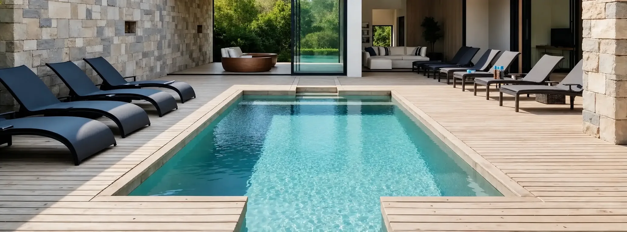 Pool and pale timber deck beside a contemporary Western Cape home