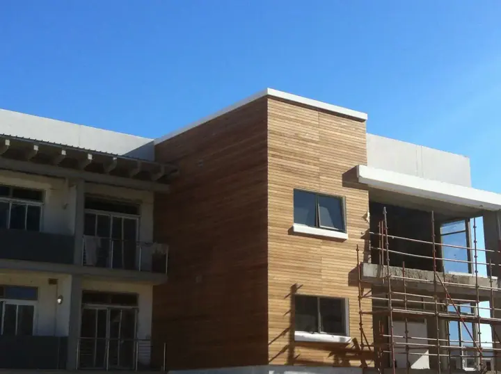 Timber-clad facade of a multilevel building