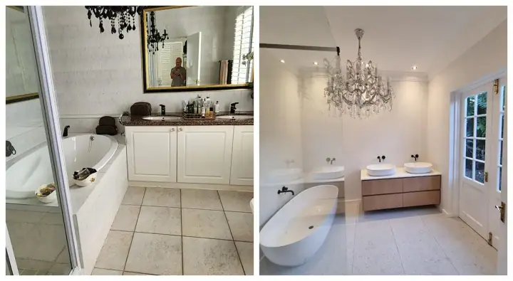 Before and after views of a bathroom renovation