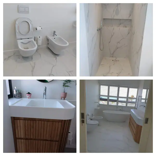 Four bathroom renovation details including a shower and timber vanity