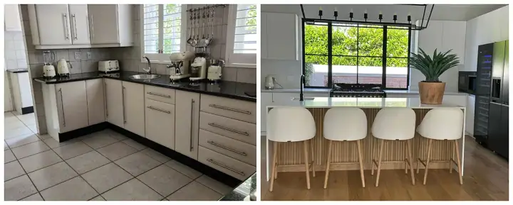 Before and after views of a renovated kitchen