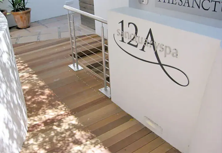 Timber deck and railing outside a spa entrance
