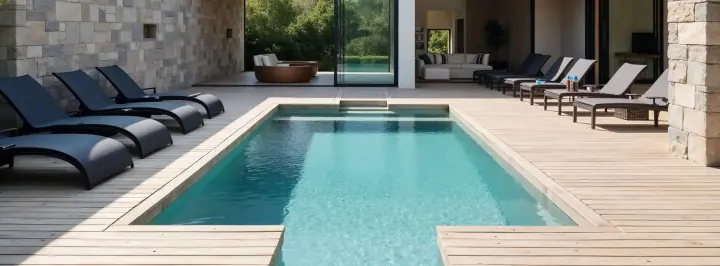 Light timber decking around a rectangular swimming pool