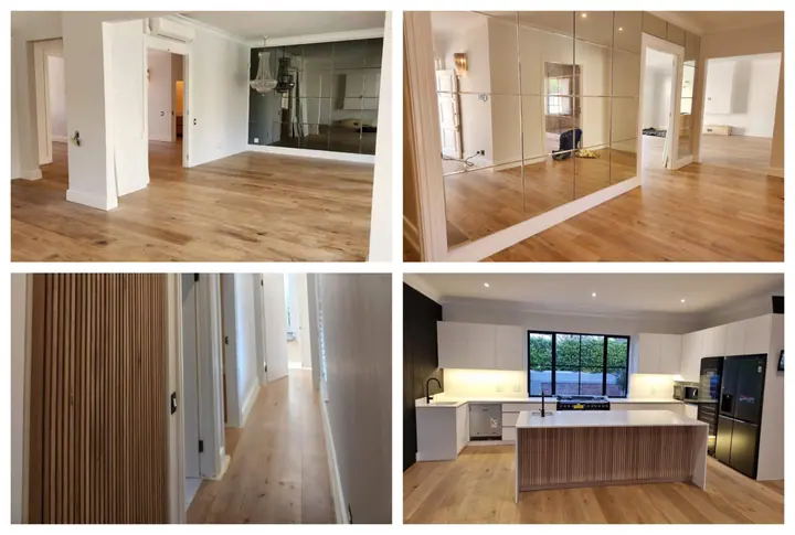 Four interior views of timber flooring in a renovated home