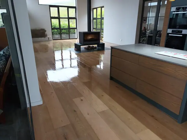 Timber flooring in an open kitchen and living area