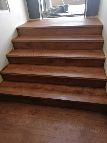 Dark timber treads on a short indoor staircase